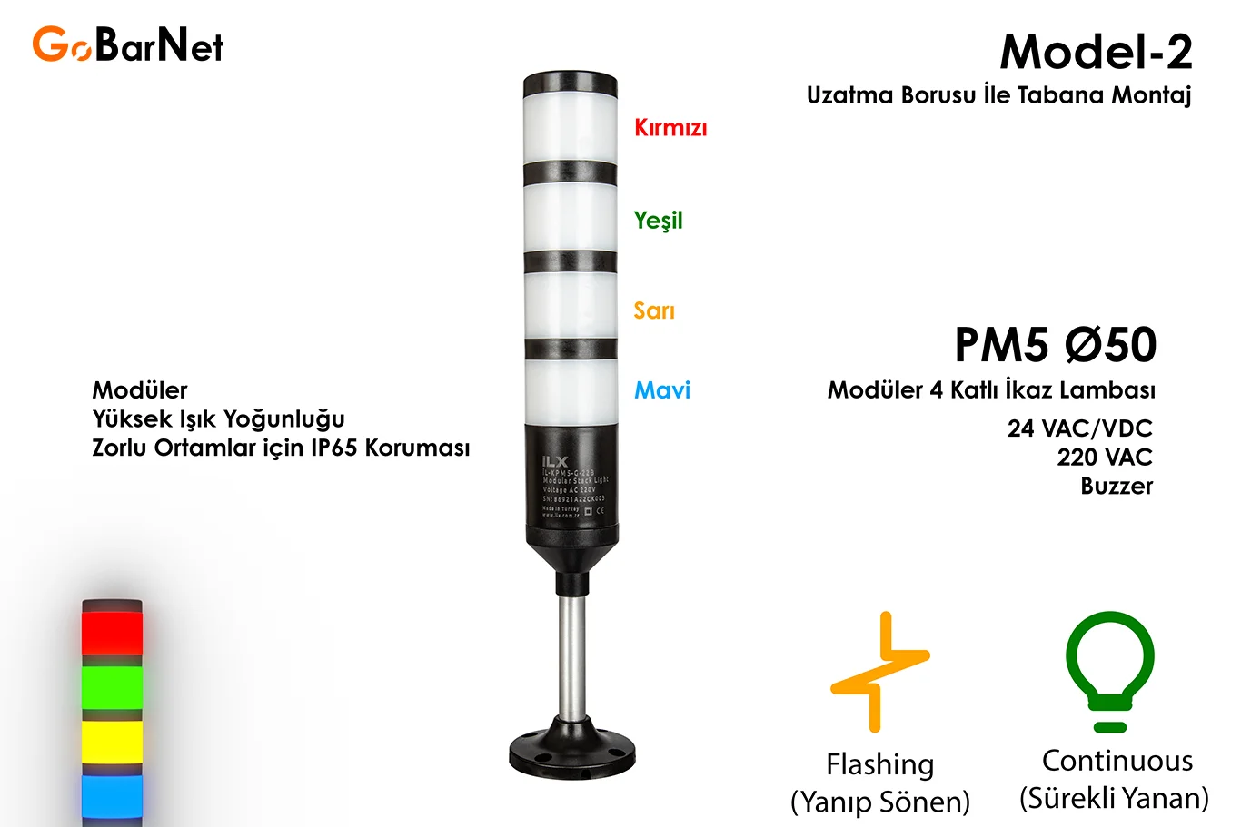 4 Katlı Modüler İkaz Lambası | 24V/220V | Buzzer