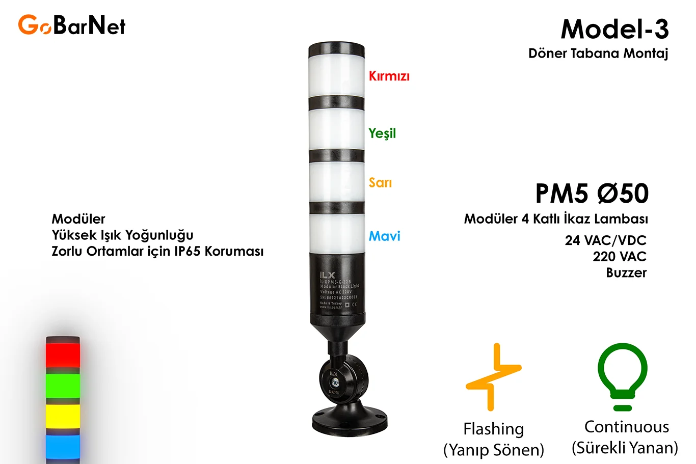4 Katlı Modüler İkaz Lambası | 24V/220V | Buzzer