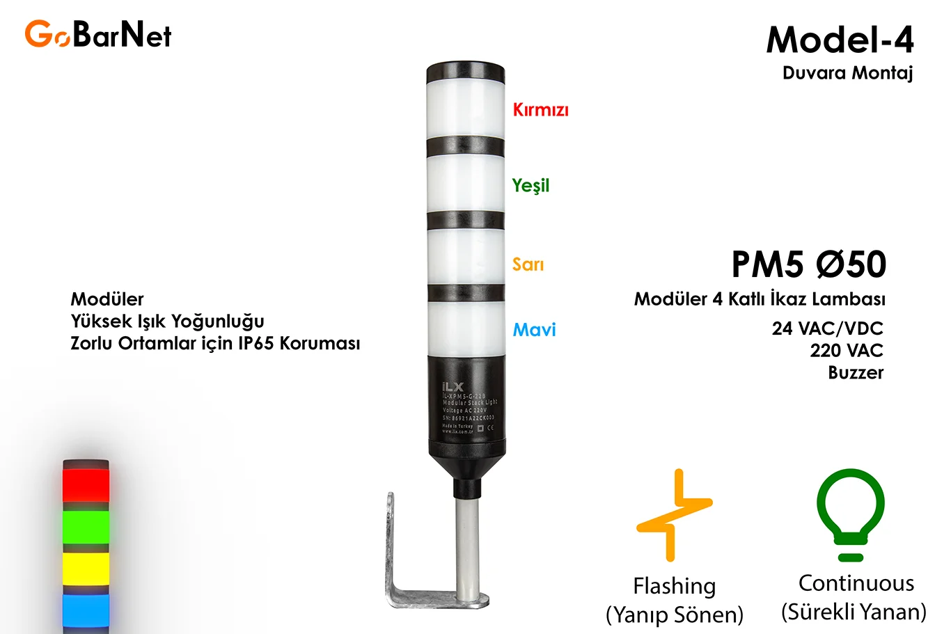 4 Katlı Modüler İkaz Lambası | 24V/220V | Buzzer