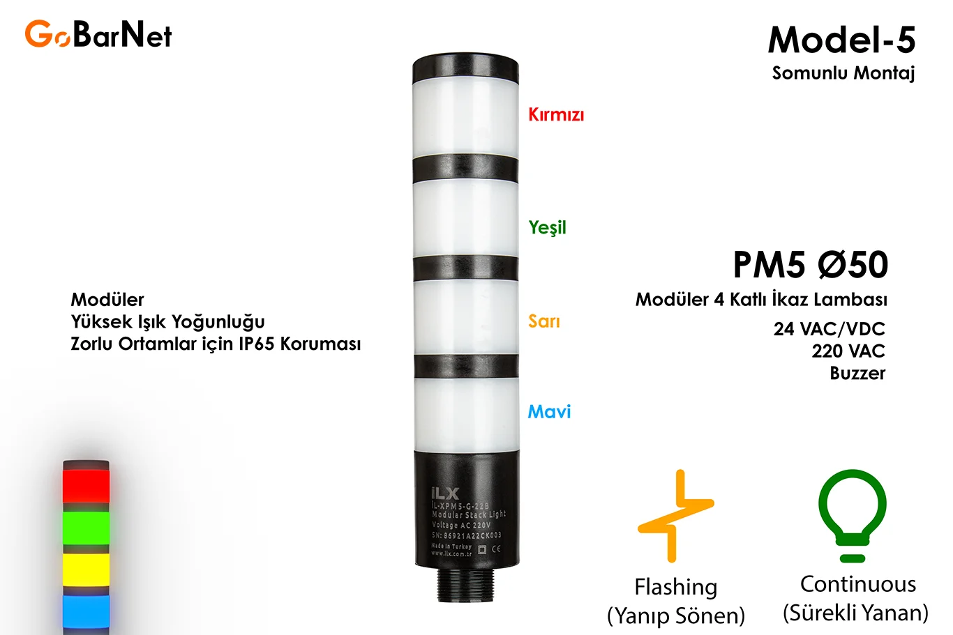 4 Katlı Modüler İkaz Lambası | 24V/220V | Buzzer