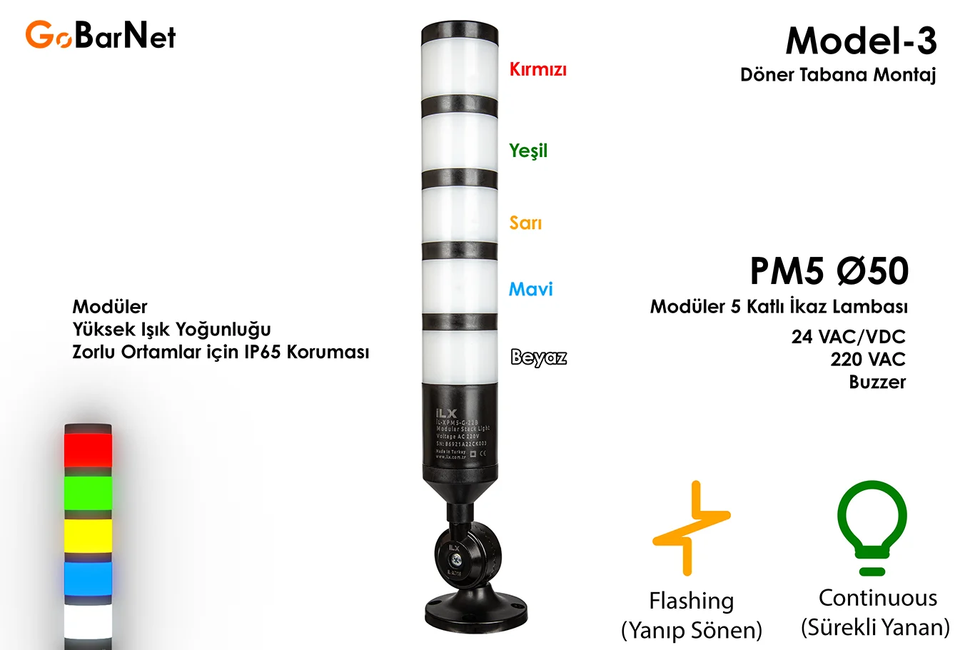 5 Katlı Modüler İkaz Lambası | 24V/220V | Buzzer