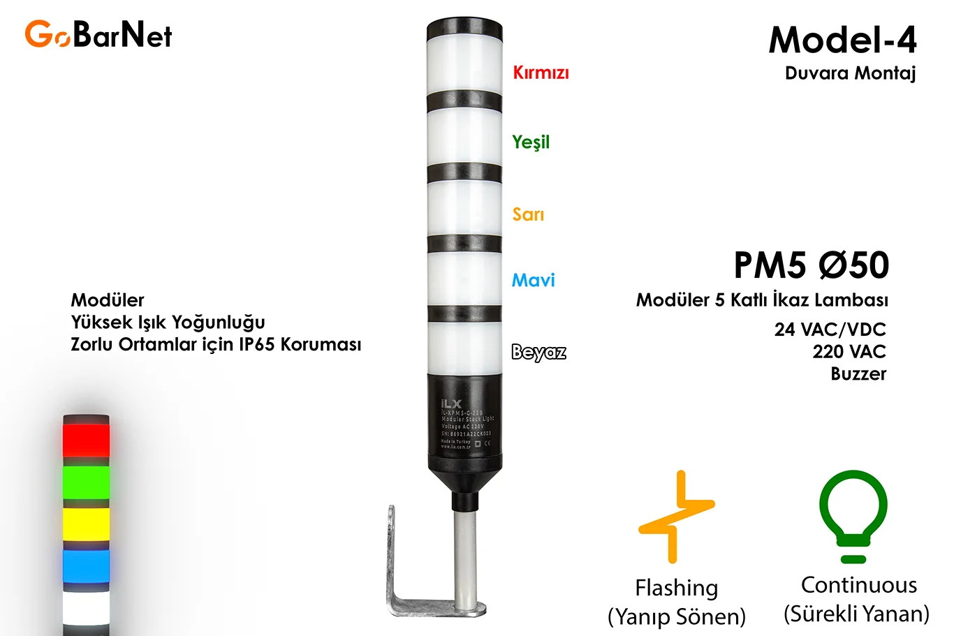 5 Katlı Modüler İkaz Lambası | 24V/220V | Buzzer