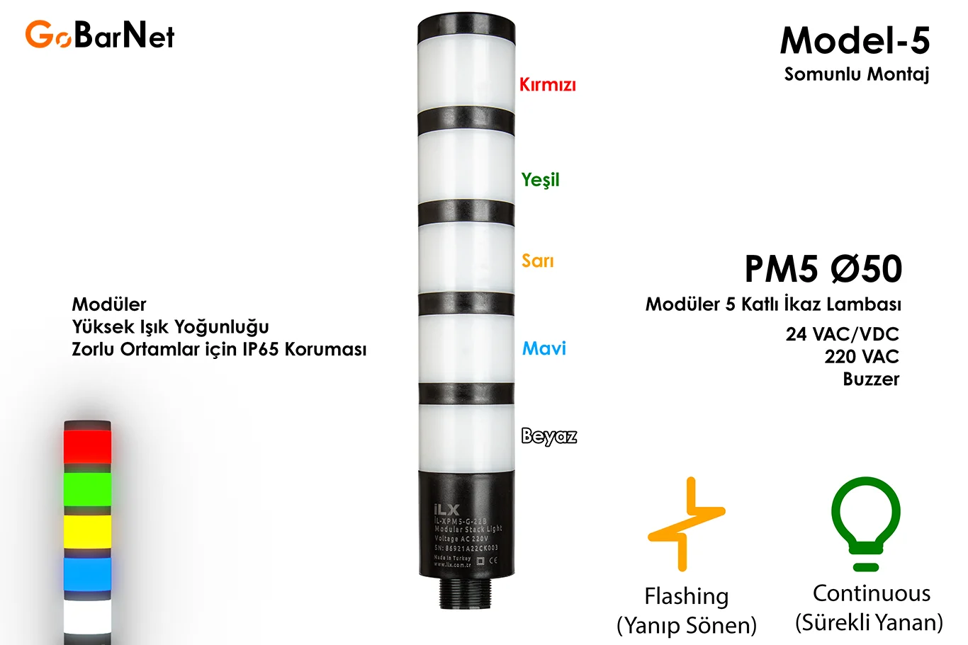 5 Katlı Modüler İkaz Lambası | 24V/220V | Buzzer