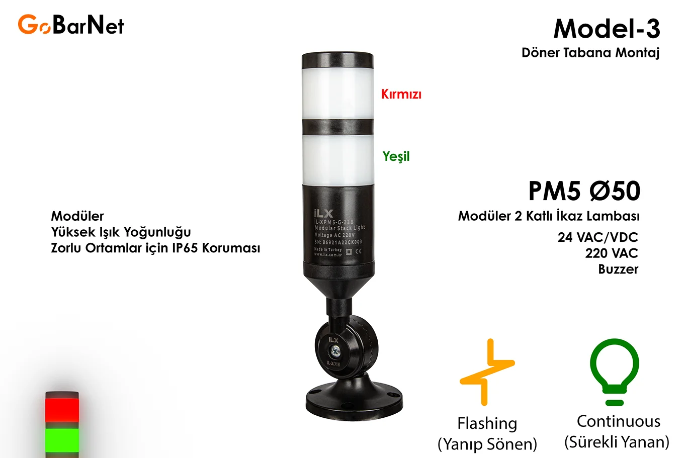 Modüler 2 Katlı İkaz Lambası | Buzzer | 24V  220V
