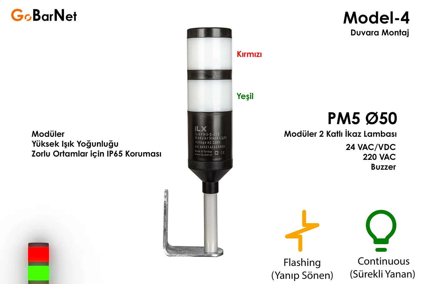 Modüler 2 Katlı İkaz Lambası | Buzzer | 24V  220V