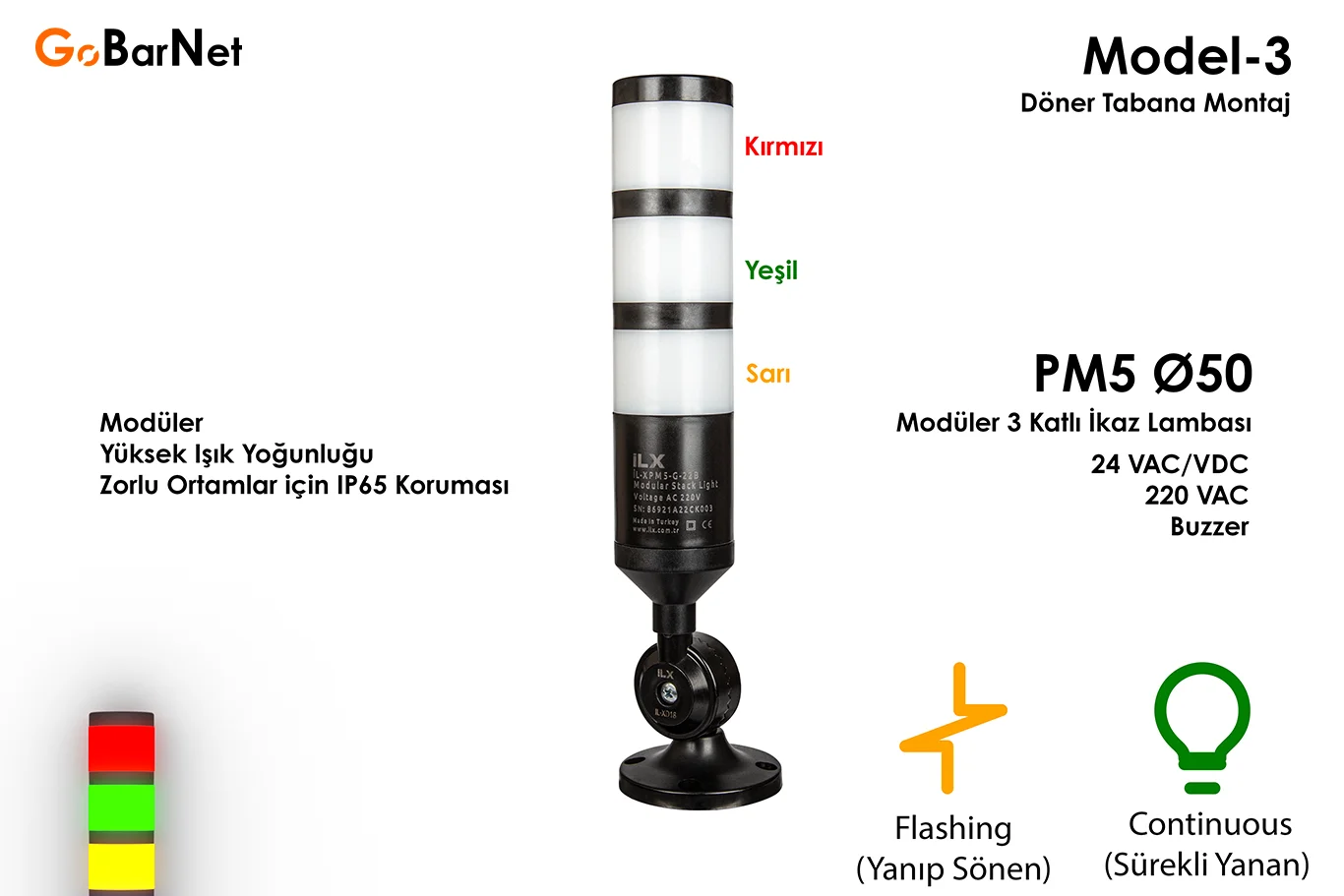 3 Katlı İkaz Lambası | Buzzer | 24V & 220V | Modüler