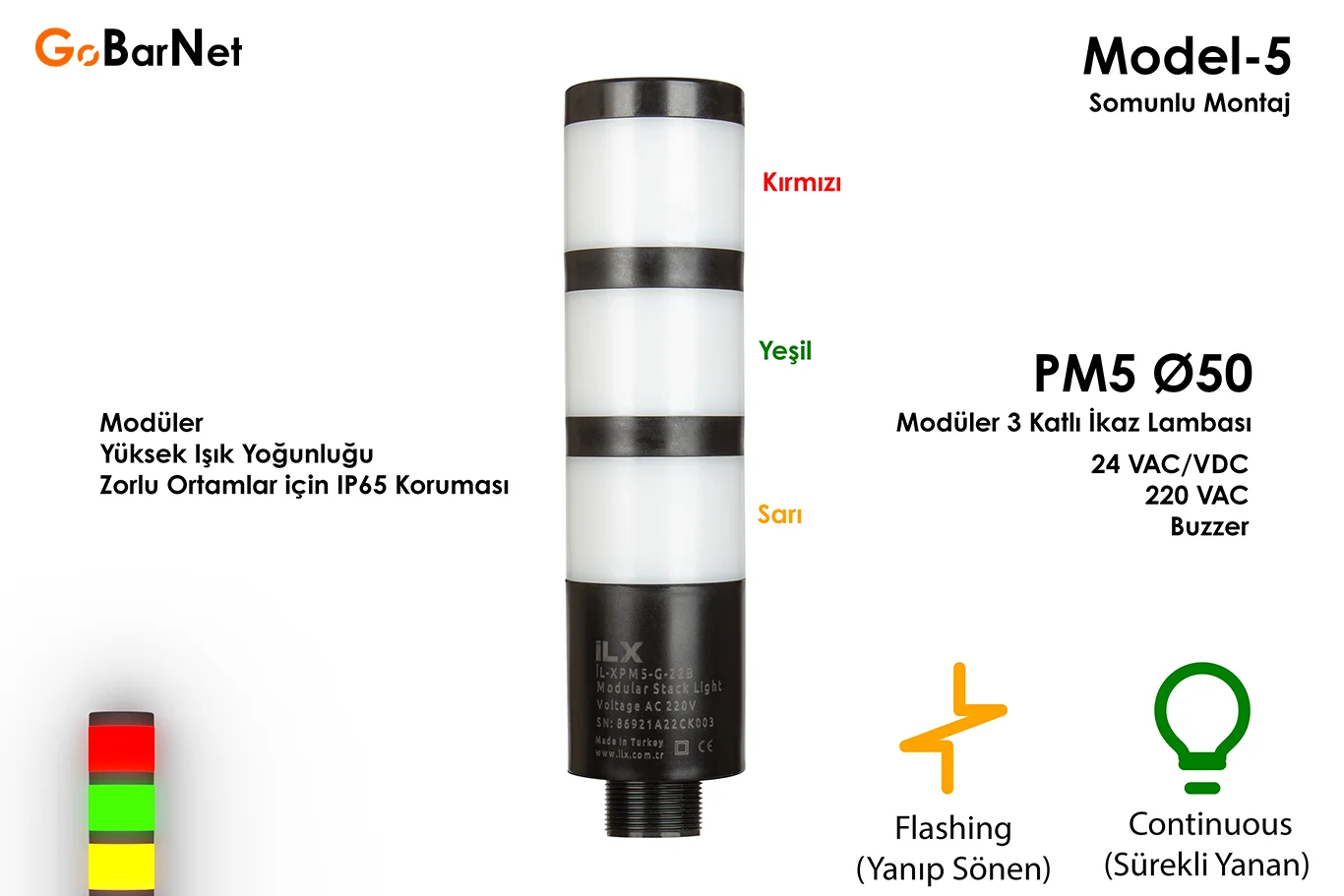 3 Katlı İkaz Lambası | Buzzer | 24V & 220V | Modüler