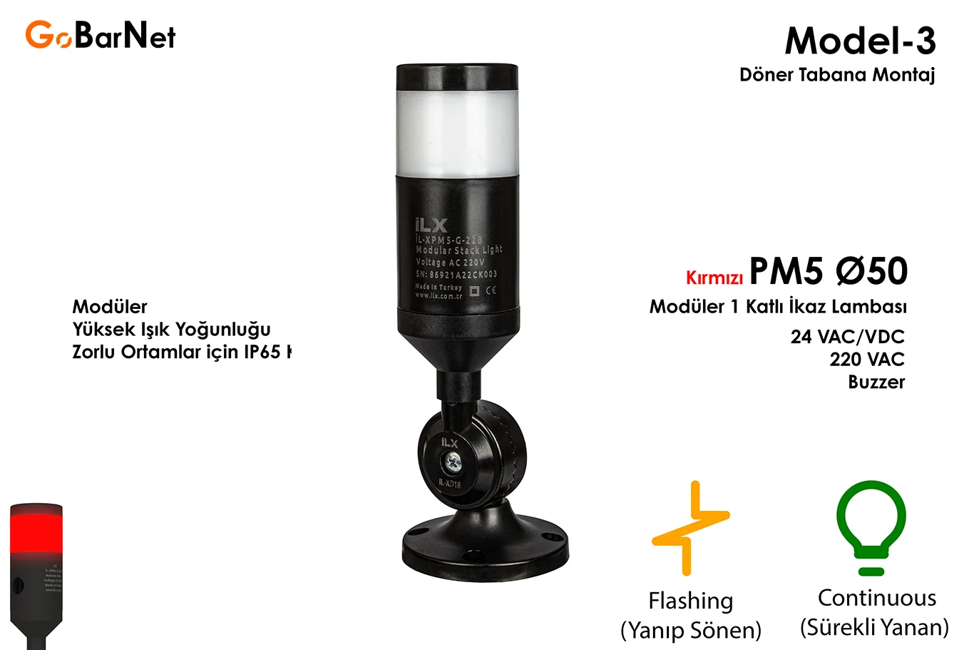 PM5 Ø50 Modüler İkaz Lambası | 24V/220V | Buzzer
