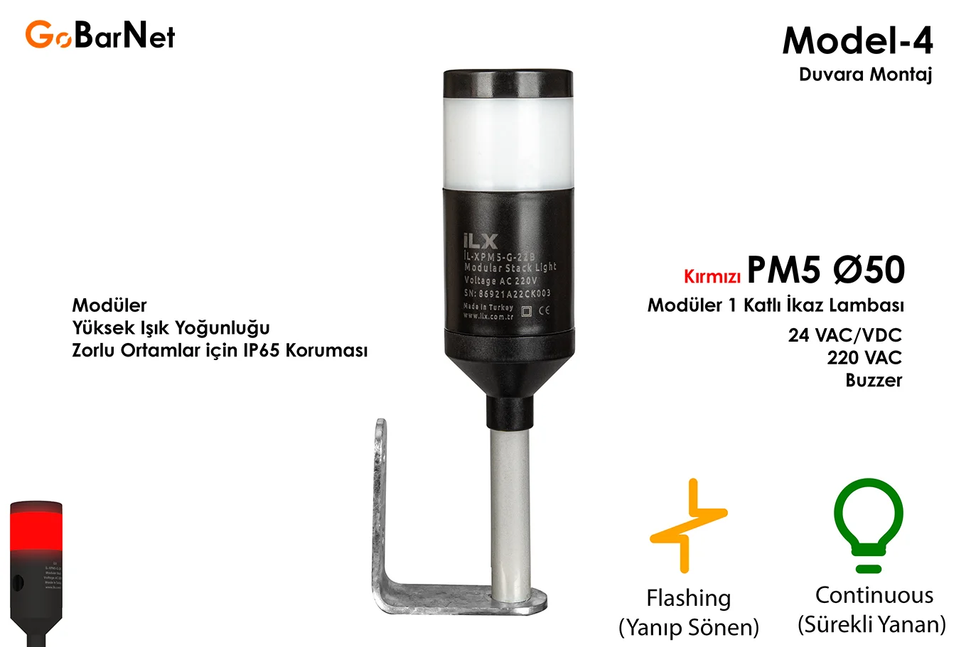 PM5 Ø50 Modüler İkaz Lambası | 24V/220V | Buzzer - GoBarNet