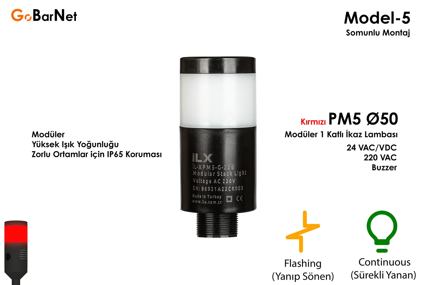 PM5 Ø50 Modüler İkaz Lambası | 24V/220V | Buzzer - GoBarNet