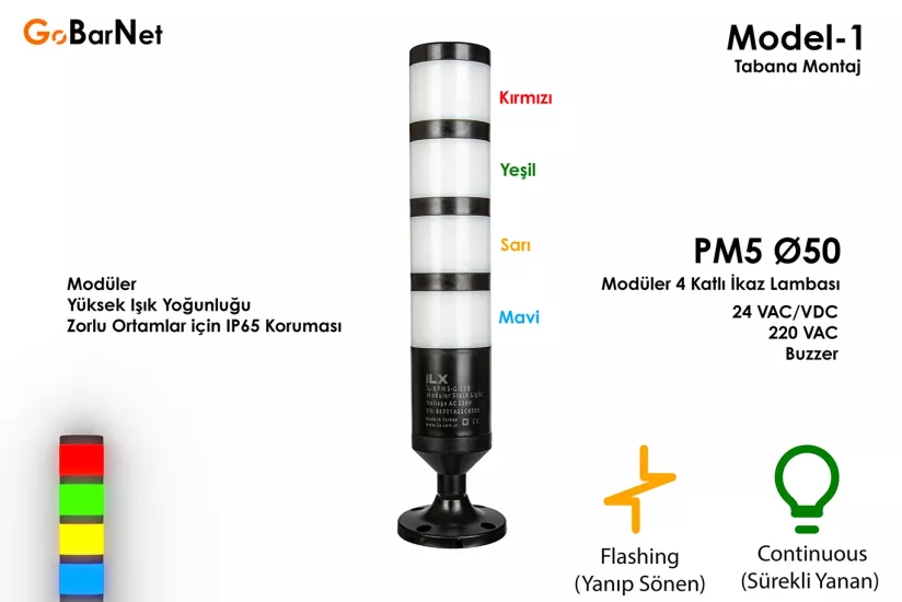 4 Katlı Modüler İkaz Lambası | 24V/220V | Buzzer