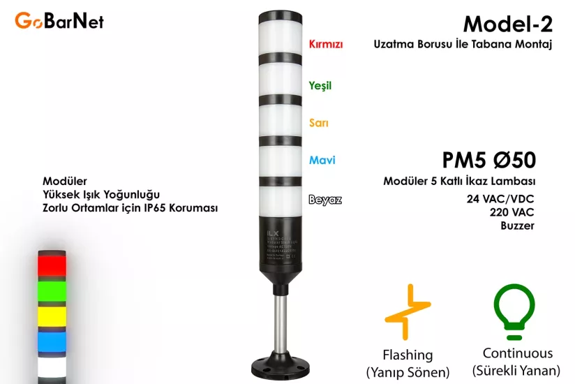 5 Katlı Modüler İkaz Lambası | 24V/220V | Buzzer