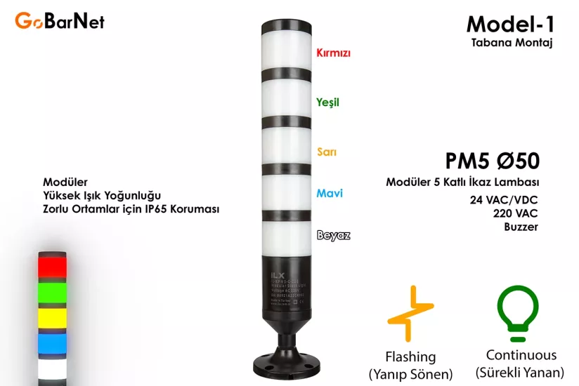 5 Katlı Modüler İkaz Lambası | 24V/220V | Buzzer