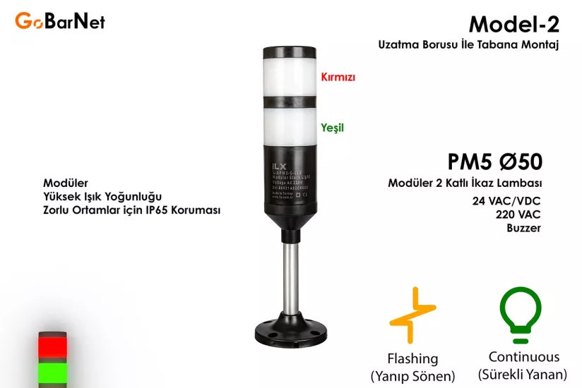 Modüler 2 Katlı İkaz Lambası | Buzzer | 24V  220V