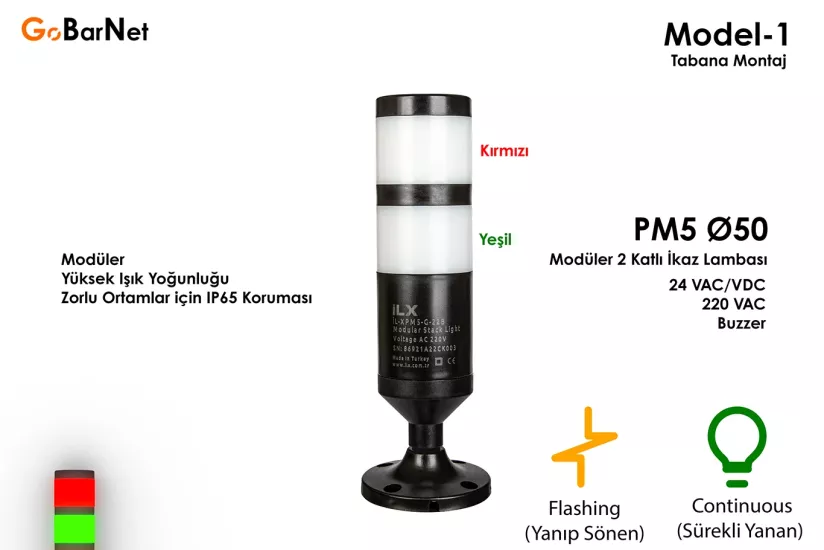 Modüler 2 Katlı İkaz Lambası | Buzzer | 24V  220V