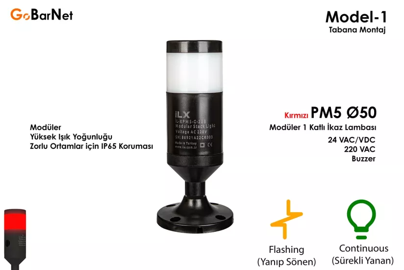 PM5 Ø50 Modüler İkaz Lambası | 24V/220V | Buzzer